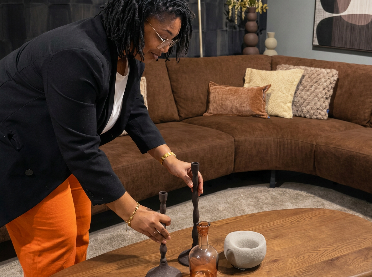 Ingrid styling a coffee table with candlesticks